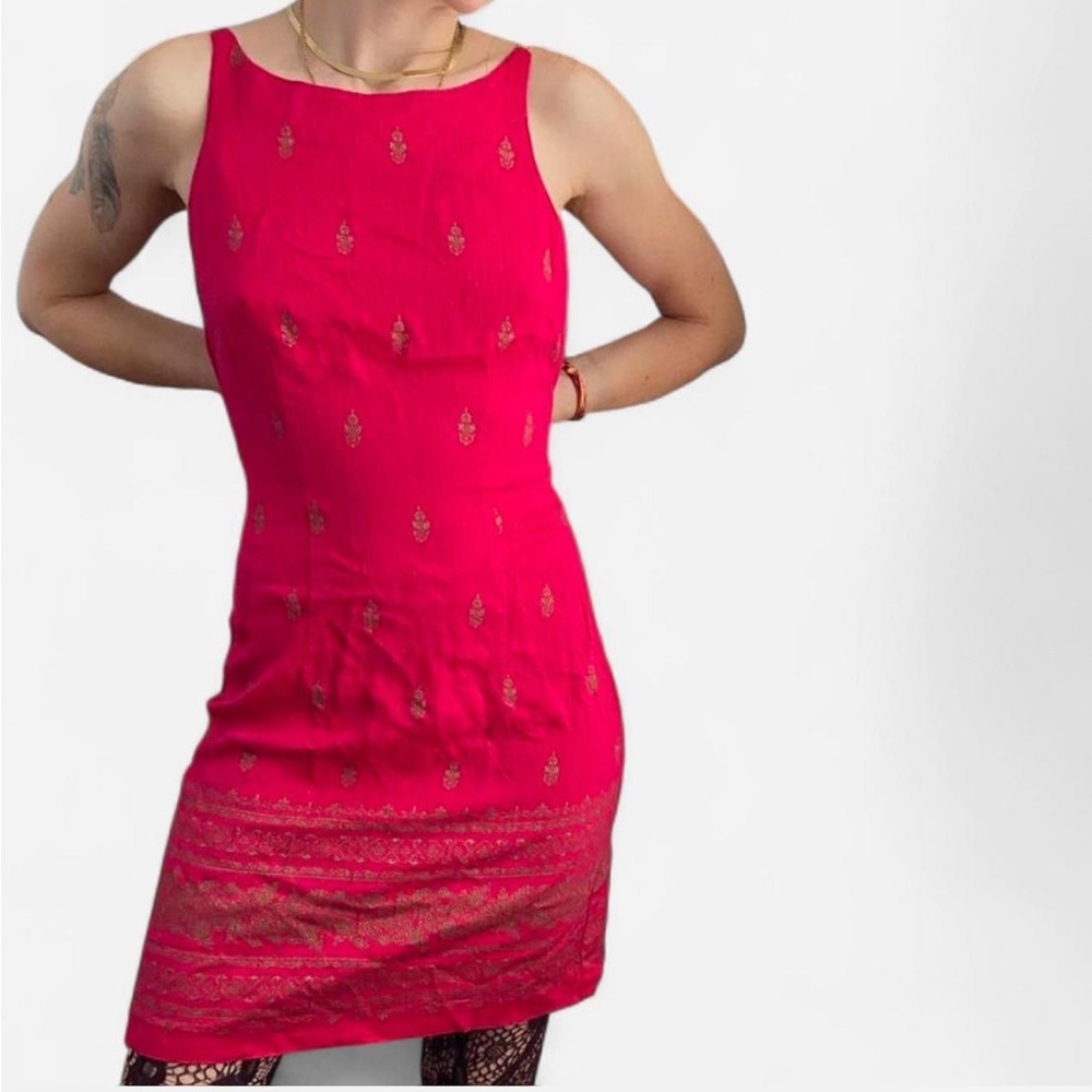 Vintage 90s Hot Pink & Metallic Gold Bohemian Mini Dress High Neckline